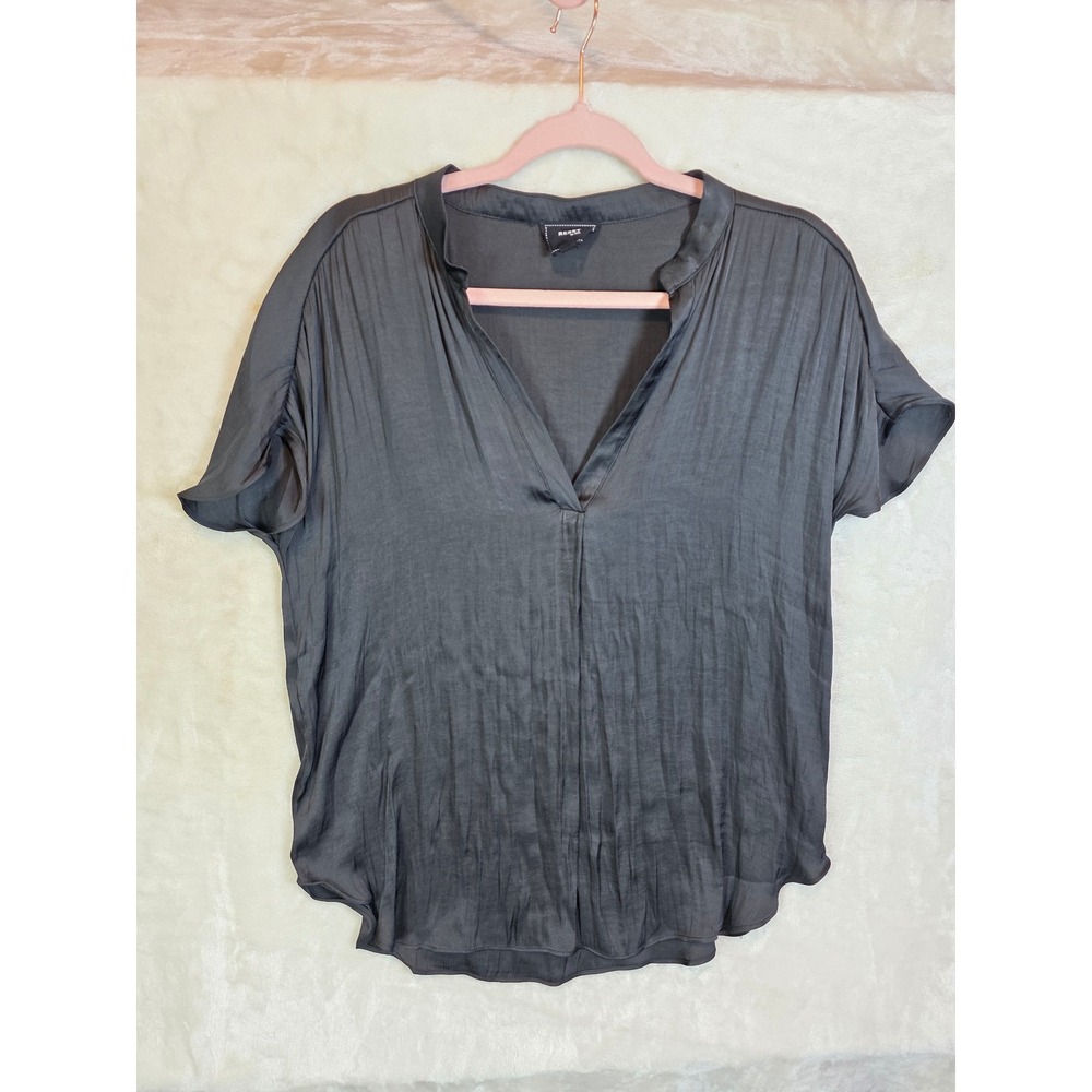 Reset by Jane Black Satin Crinkle V-Neck Blouse Short Sleeve‎ JT506 Large